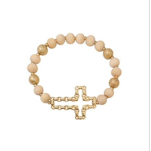 Wood /metal Elegant Gold and Cream Beaded Bracelet with cross 
b - Picture 1 of 1